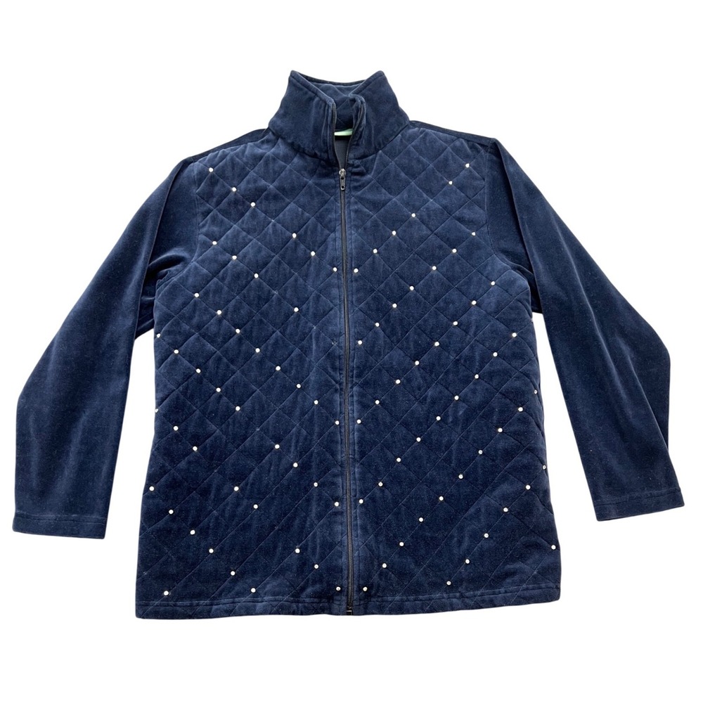 Sara Morgan Quilted Velour Jacket Navy Blue Embellished Full Zip Mock Neck M
